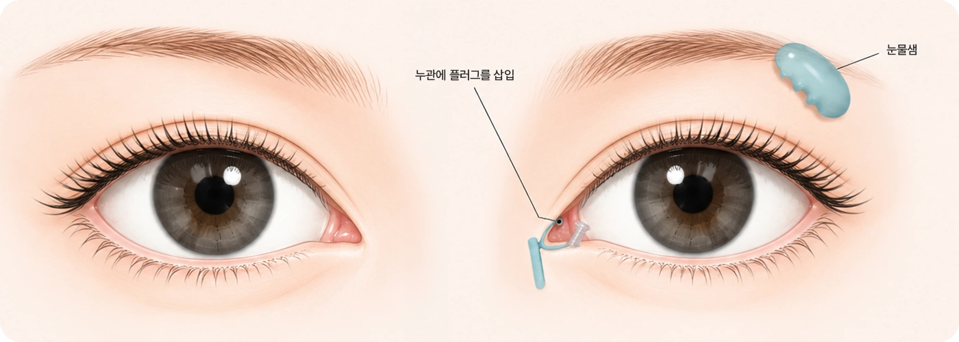 눈물샘과 누관의 구조 및 누관에 플러그를 삽입하는 위치